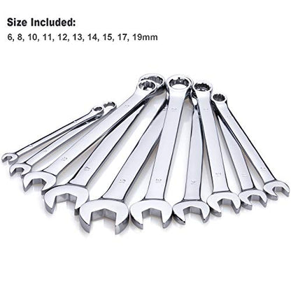 Max Torque 10-Piece Premium Metric Combination Wrench Set, Chrome Vanadium Steel, Long Pattern Design | Include Metric Sizes 6, 8, 10, 11, 12, 13, 14, 15, 17, 19mm with Storage Rack Organizer - size: Metric Set, 10-Piece