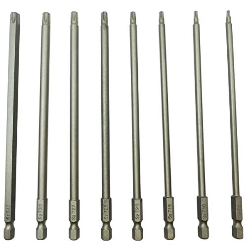 YDLQWCZ Long Torx Security Screwdriver Bit Sets 6 Inch Length T8 T10 T15 T20 T25 T27 T30 T40 S2 Steel Torx Security Head Drill Screw Driver Drill Set (8Pcs 150mm)
