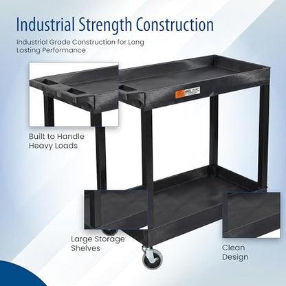 Luxor 32" x 18" Tub Storage Cart 2 Shelves - Black, (EC11-B) | Heavy-duty HDPE plastic utility rolling station with 4 inch swivel casters; ideal for mechanic garage, warehouse and office