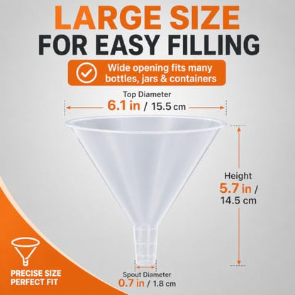 CYEAH 8 Pcs Plastic Funnels, 6 Inch Wide Mouth Large Funnel, Clear Plastic Filter Funnel Liquid Transfer Funnels for Filling Bottles, Liquid, Spices, Powder, Lotion, Oils