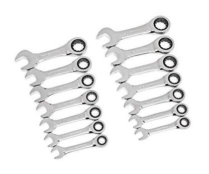 GEARWRENCH 14 Pc. 12 Point Stubby Ratcheting SAE/Metric Combination Wrench Set - 85206 - size: 10mm 11mm 12mm 13mm 14mm 15mm 18 mm