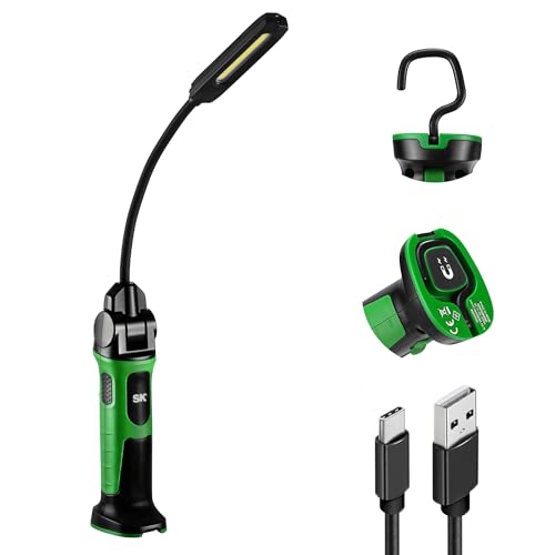 SK Ultra-Slim Flexible Work Light, Magnetic Work Light Rechargeable, 500 LM COB LED Light & 150 LM Spot Light with Hook, 360 ° Rotation, 2600 mAh Battery, Stepless Dimming, for Inspection, Auto Repair