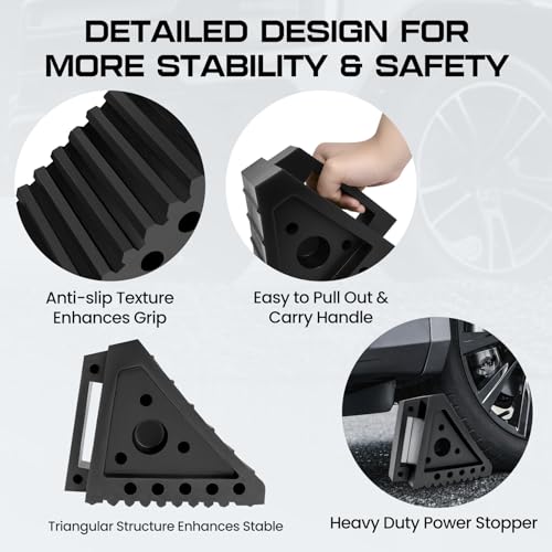 Taifa 4PCS Heavy Duty Rubber Wheel Chocks for Travel Trailers, RV Wheel Stoppers Tire Chock with Portable Handle for Camper Cars Trucks etc., Black - color: Rubber-4Pcs