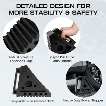 Taifa 4PCS Heavy Duty Rubber Wheel Chocks for Travel Trailers, RV Wheel Stoppers Tire Chock with Portable Handle for Camper Cars Trucks etc., Black - color: Rubber-4Pcs