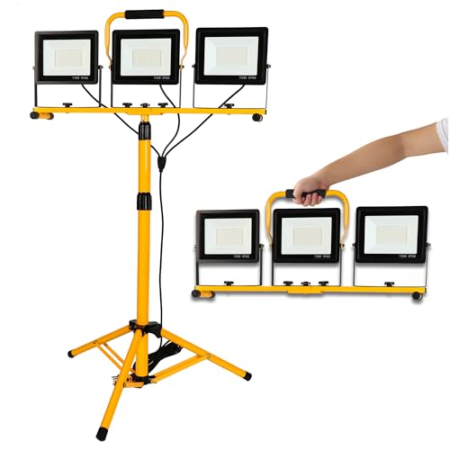 225W 22500 Lumen Work Lights with Stand, Three Head LED Work Light with Individual Switch, 16FT Power Cord, IP66 Waterproof, Adjustable Metal Telescoping Tripod for Indoor and Outdoor - size: 3 Adjustable Head