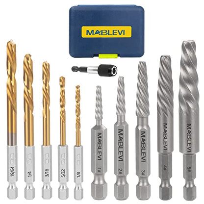 MABLEVI 11 Pieces Screw Extractor Set, Metric Easy Out Bolt Extractor Set, Reverse Drill Bit Extractor Set for Removing Broken Screws, Bolts, and Studs