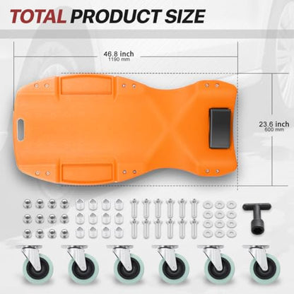 Mechanic Creeper 47 Inch, Low Profile Under Car Rolling Creeper with Padded Headrest and Tool Trays, 300 LBS Capacity, Ergonomic Body Design, Orange
