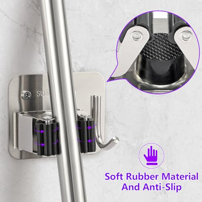 Broom Holder Wall Mount Rack, 304 Stainless Steel Mop and Tool Organizer | Drill-Mounted Gripper Rack Holds Brooms, Mops and Garden Tools Safely in the Laundry Room, Kitchen, Garage, Garden and Shed - color: Silver-Black