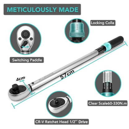 BLUEMARS Heavy-Duty 60-330NM 8PCS 1/2" Sq Drive Click Torque Wrench Set Dual-Direction Adjustable Car Wheel Torque Wrench (17mm,19mm,21mm,24mm)