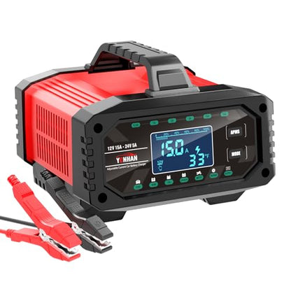YONHAN Battery Charger 0-15A 12V/24V Adjustable Current | LiFePO4 Car Battery Charger, Battery Maintainer Automatic Trickle Charger, Battery Desulfator w/Temp Compensation