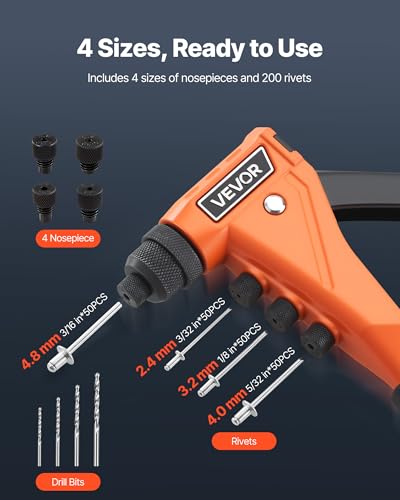 VEVOR Pop Rivet Gun Kit, with 200 Blind Rivets, Heavy Duty Single Hand Riveter with 4 Interchangeable Nosepieces, 4 Drill Bits, and a Carrying Case, Manual Riveting Tool for Metal, Automotive, Home - size: 9", style: RIVET GUN