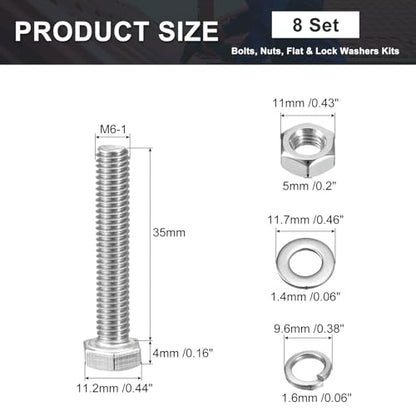 uxcell M6 x 35mm Hex Head Screws Bolts, Nuts, Flat & Lock Washers Kits, 304 Stainless Steel Fully Thread Hexagon Bolts 8 Sets - size: M6 x 35mm