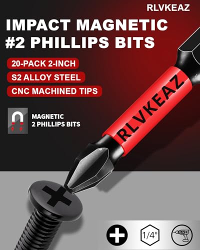 20-PCS Phillips Bits #2 Impact, Magnetic 2'' Phillips Head Drill & Screwdriver Bits Set, Premium S2 Steel, with 1/4" Hex-Shank for Power Drill, Professional & DIY Use - style: 20pcs phillips bits #2