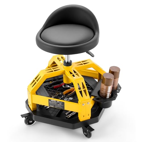 VEVOR Rolling Shop Stool with Wheels, 19.7"-25.6" Adjustable Height, 360° Swivel, 330 lbs Capacity, Garage Work Mechanic Stool with Backrest, Tool Tray Storage, Padded Seat Shop Chair, Black/Yellow - color: Yellow