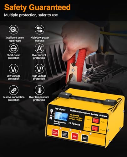 Car Battery Charger,12V-12A/24V-8.5AMH Smart Automatic Battery Charger,High/Low Power Trickle Charger Battery Maintainer and Desulfator,for Motorcycle Lawn Mower Marine Lead Acid Batteries - color: Yellow