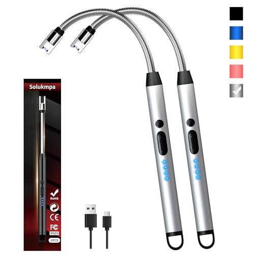 2 Pack Rechargeable Type C Electric Lighters, Flameless and Windproof Candle Lighters with Plasma Arc, 360° Long Reach Flexible Neck & LED Power Display for Candles, BBQ Grill &Camping(Silver) | Flameless, Windproof, Plasma Arc, 360° Long Reach Flexible N