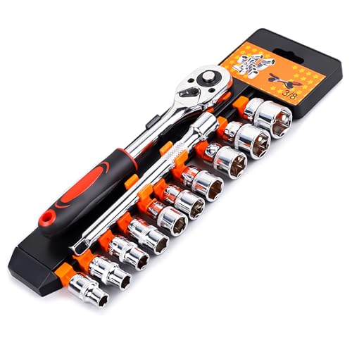 3/8" Drive Socket Set, 12-Piece Ratchet Set with 10 Metric Sockets 8-19mm, 24-Tooth Quick-Release Ratchet Handle & 6" Extension Bar, CR-V Steel with Storage Case for Automotive & Home Repairs & DIY - size: 3/8" Drive