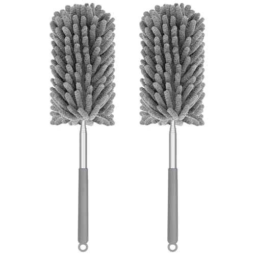 Mini Duster for Cleaning, 360° Bendable Hand Dusters with Extension Pole, Washable Small Duster for Car Interior, Office, Furniture - color: 2 Pack Grey