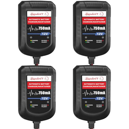 [4-Pack] 12V 750mA Trickle Charger for Car Battery, Automatic Smart Battery Maintainer & Float Charger for Motorcycle, Boat, Lawn Mower, Marine SLA AGM Gel Lead Acid Batteries