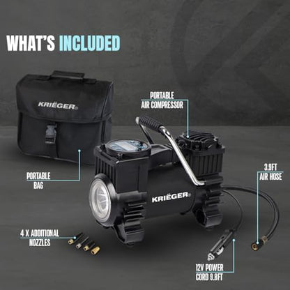 K KRIËGER Air Compressor Portable Tire Inflator 12V DC Air Pump for Car Tires with Digital Tire Pressure Gauge 120 Max PSI Preset Pressure Feature, LED, Digital Display Includes Storage Bag