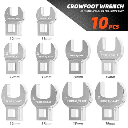 PRIDE&CRAFT 14-Piece Crowfoot Wrench Set, 3/8 Inch Drive Click Torque Wrench with Metric Crowfoot Wrench Heads (10-19mm), 2 Extension Bars, 1/2”F - 3/8”M Universal Joint, One Set for All Purposes - color: Silver
