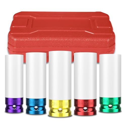 1/2" Drive Wheel Protector Impact Socket, 5pcs Thin Wall Deep Impact Socket Set, Durable Plastic Sleeve Lug Nut Socket, 6 Point, Metric, Color-Coded,15 17 19 21 22mm - size: 1/2" Colored Metric 5PC Set