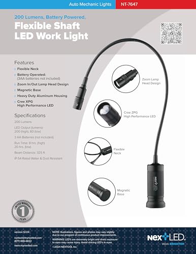 NextLED NT-7647 20-Inch Gooseneck Flashlight with Magnetic Base, Cree LED, Zoomable Lens, IP54 Rating Waterproof. Flexible LED Light, Work Bench, Auto Repair, Grill Light, Inspection - style: Flex Neck Flashlight