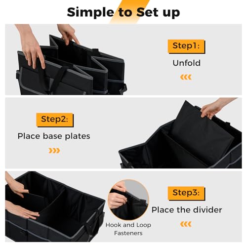Car Trunk Organizer, 13 Gallon Collapsible Cargo Storage Box with Removable Divider & 6 Pockets, 3-Compatment Trunk Container with Securing Straps & Non-Slip Bottom for SUV, Sedan - size: 13 Gallon