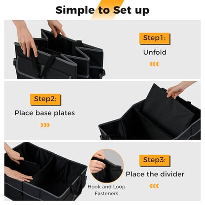 Car Trunk Organizer, 13 Gallon Collapsible Cargo Storage Box with Removable Divider & 6 Pockets, 3-Compatment Trunk Container with Securing Straps & Non-Slip Bottom for SUV, Sedan - size: 13 Gallon