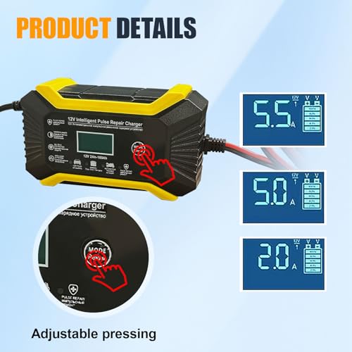 Car Battery Charger, 12V 6A Automatic Smart Battery Trickle Charger with LCD Display, Battery Maintainer Desulfator with Temperature Compensation, Universal for Car, Truck, SUV RV, Boat