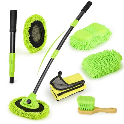 Car Wash Brush with Long Handle - Extendable Car Wash Mop & Sponge | 15° Curved Labor-Saving,Scratch Free Soft Brush,Replacable Head, for Truck SUV Cleaning