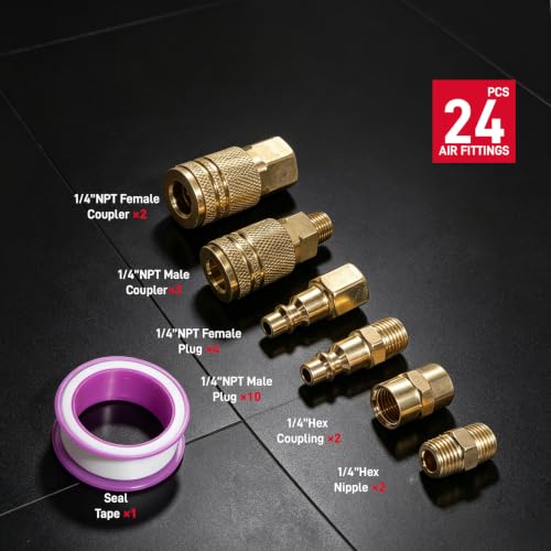 24PCS 1/4" NPT Quick Connect Air Hose Fittings Kit for Air Compressor, Couplers, Plugs & Adapters Set, Pneumatic Air Line Accessories, Thread Seal Tape, 300 PSI