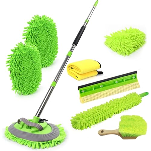62'' Car Wash Brush Cleaning Kits with Long Handle Foldable Car Wash Brush Windshield Window Squeegee Car Washing Supply Set for All Car