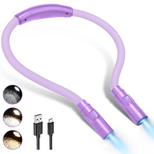 LUXJET Book Light for Reading at Night, Neck Reading Light for Books in Bed, 4 LED Bulbs, Hands Free, 3 Adjustable Brightness, 80-hr Lasting Rechargeable Lamp for Knitting, Camping, Repairing - color: Purple