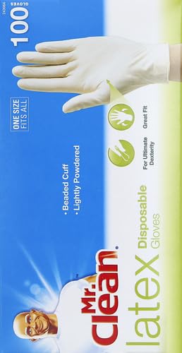 Mr Clean Latex Gloves Disposable Single Use Lightly Powdered Non-Sterile Multipurpose Uses One Size Fits Most Tear & Puncture Resistant Design 9.5-Inch Long with Beaded Cuff, 100-Count, Blue - size: 100 Count (Latex)