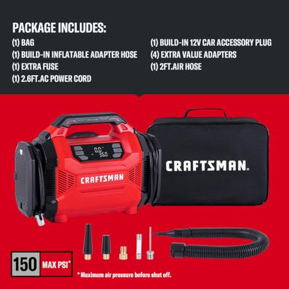 CRAFTSMAN Dual Power Tire Inflator with Digital Gauge & Auto Shut-Off | 12V DC Car Plug and 120V AC Home Use with Up to 150 PSI, LED Light, Portable Air Pump for Car Tires, Bikes and Inflatables