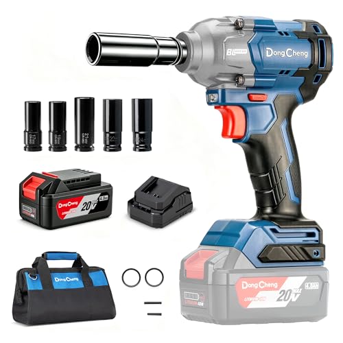 Dong Cheng 20V Brushless Impact Wrench, Max Torque 503 ft-lbs (682 N.m), 1/2 inch with 3 Mode Speed, 2400 RPM Cordless Impact Gun, Includes 4.0Ah Battery, Charger, 5 Impact Sockets and Kit Bag - style: One Battery