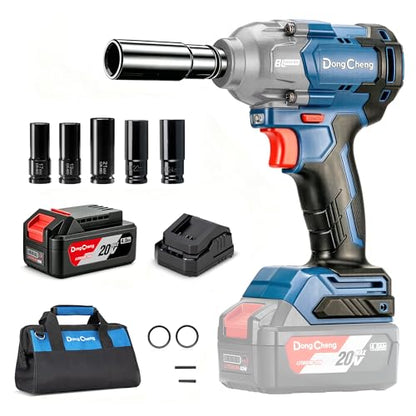 Dong Cheng 20V Brushless Impact Wrench, Max Torque 503 ft-lbs (682 N.m), 1/2 inch with 3 Mode Speed, 2400 RPM Cordless Impact Gun, Includes 4.0Ah Battery, Charger, 5 Impact Sockets and Kit Bag - style: One Battery