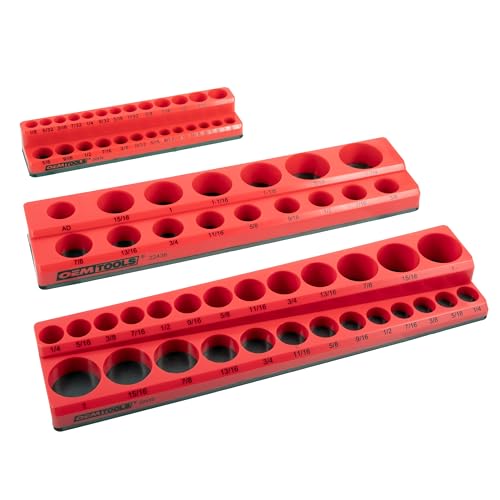 OEMTOOLS 22484 3 Piece SAE Magnetic Socket Tray Set, Magnetic Socket Organizers for Toolboxes, Rubberized Base, Holds Up To 68 Sockets, Red Socket Holder - style: 3Pc Red