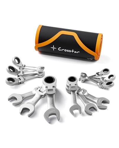 Crosstar 12-Piece Metric Stubby Flex-Head Ratcheting Combination Wrench Set with Rolling Pouch – 8-19mm, 90-Tooth, CR-V Steel, Compact Design for Tight Spaces