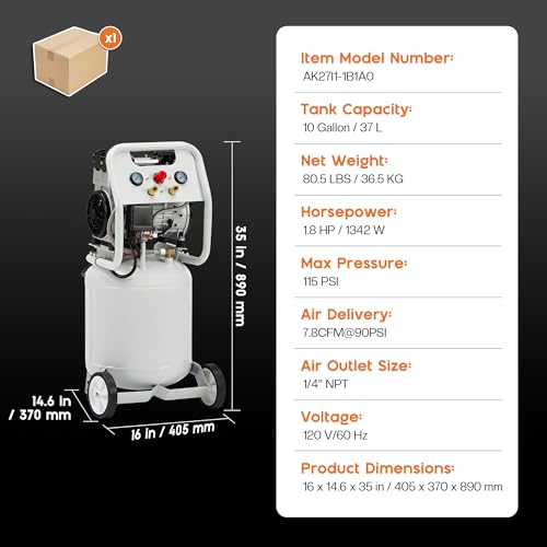 Albott 10 Gallon Electric Air Compressor, 1.8 HP Vertical Wheeled Tank | Oil-Free Air Compressor with Copper Motor 115 PSI Max Pneumatic Tool Tire Inflation Use - style: 10 Gal