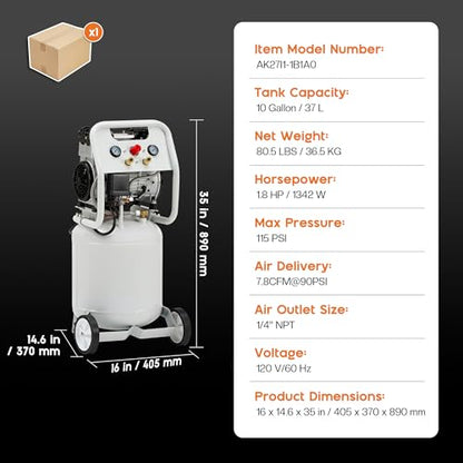 Albott 10 Gallon Electric Air Compressor, 1.8 HP Vertical Wheeled Tank | Oil-Free Air Compressor with Copper Motor 115 PSI Max Pneumatic Tool Tire Inflation Use - style: 10 Gal