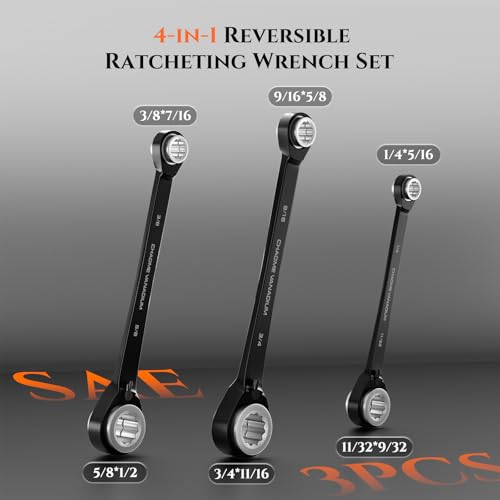 SUZUME 4 in 1 Reversible Double Box End Ratcheting Wrench set 3PCS SAE | 5/16,1/4,9/32,11/32 & 7/16,3/8,1/2,5/8 & 5/8,9/16,11/16,3/4-inch CR-V Steel for Cars Trucks SUVs and Vans Moto Bike Repair - size: SAE