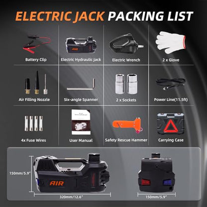 STANDTALL Electric Car Jack 5 Ton 12V Floor Jack, Impact Wrench, Inflator | Fits Sedan SUV Truck, Lift Range 5.9-17.7in, 350 N·m Impact Wrench, 35L/min Pump, 150 PSI Gauge, Headlight - color: Black Jack+Portable Wrench