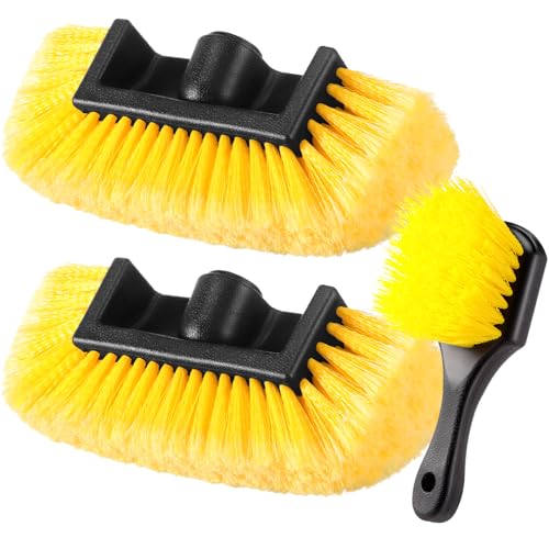 Vesici 2 Pcs 10 Inch Car Wash Brush Head with Soft Detailing Bristle Flow Through Car Cleaning Brush with 1 Pcs Stiff Bristle Wheel Brushes for Car Motorboat Rv Facades of Houses Wheel Carpet (Yellow) - color: Yellow