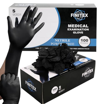 FINITEX Black Nitrile Disposable Medical Exam Gloves - 100/1000 PCS 6.3mil Powder-Free Latex-Free Food Gloves - color: Black (Small 100)
