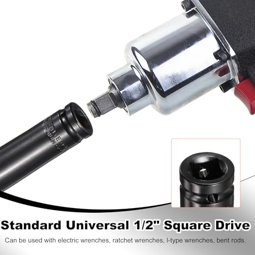 HARFINGTON 3pcs 6-Point Deep Impact Socket 1/2" Drive 22mm Metric Socket 8" (200mm) Extra Long Heat-Treated 45# Steel for Home Auto Spindle Axle Hex Nuts Bolts Repair, Black - size: 22mm + 8" Long