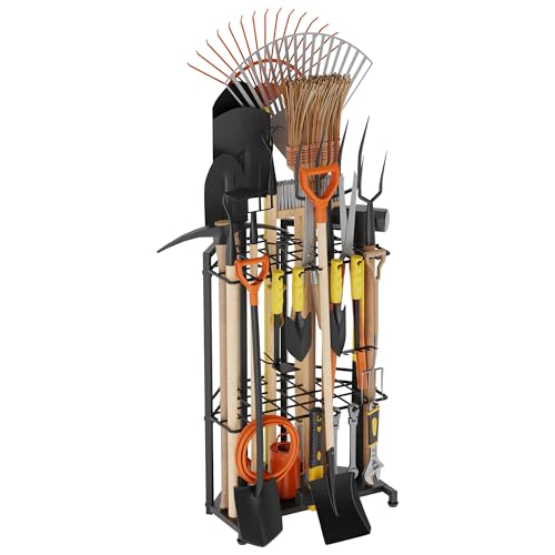 Garden Tool Organizer for Corner - Heavy Duty Metal Rack with 34 Storage Compartments & 14 Hooks for Shovels, Rakes, Long-Handled Tools, Ideal for Garden, Shed, Garage Storage - style: Corner Rack