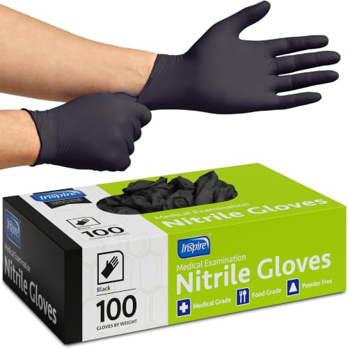 Inspire Black Nitrile Disposable Gloves | 4.5 Nitrile Disposable Safety Medical Cooking Cleaning Gloves - size: Large, style: Black - Box of 100