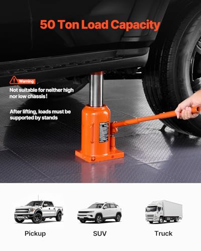 VEVOR Hydraulic Bottle Jack, 50 Ton/110231 lbs Welded Bottle Jack with 11''-17.32'' Lifting Range & 3-Section Long Handle, for Car, Pickup, Truck, RV, Auto Repair, Industrial Engineering - size: 50T